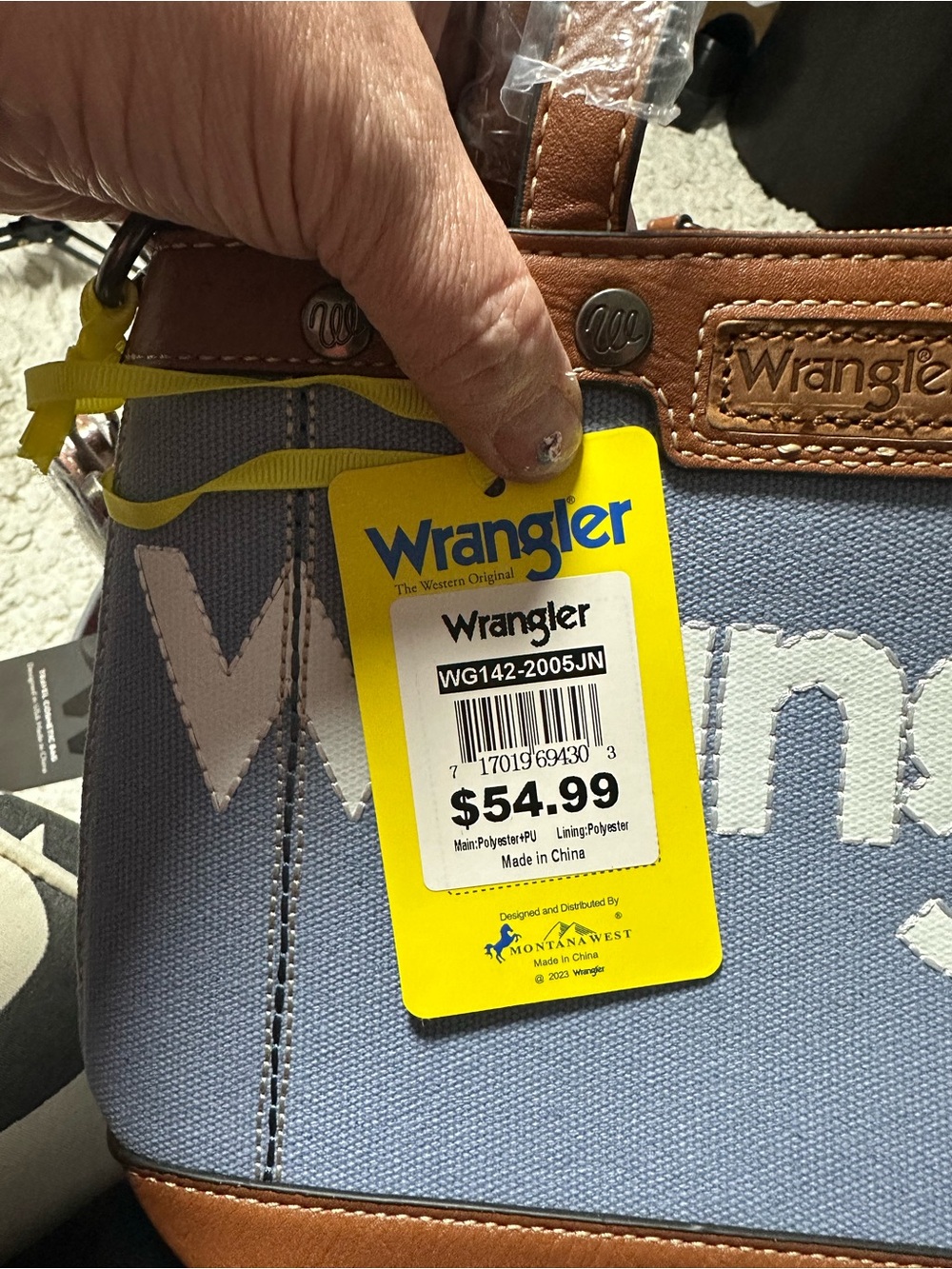 Wrangler Light Blue Canvas Mini Tote with Brown Trim and White Logo - Picture 3 of 10